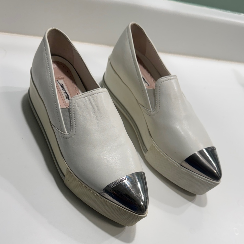 Miu Miu Cream and Silver Women's Loafers